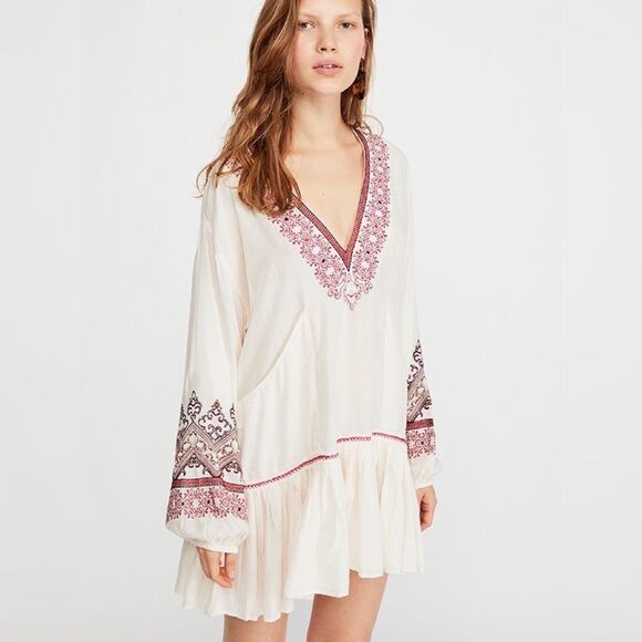 Host Pick! NWT Free People Wild One Embroidered Ivory Peasant Mini Dress
